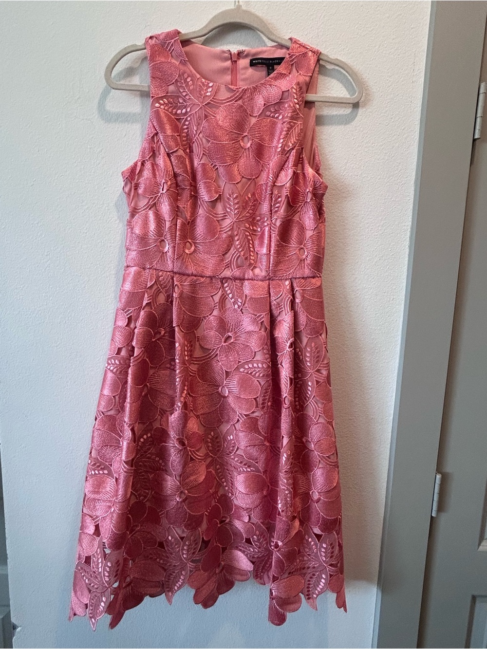 White House Black Market (WHBM) coral pink embroidered floral dress, size 6.